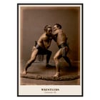 Wrestlers in a traditional pose by Kinbei Kusakabe artwork titled Wrestlers Poster of two sumo wrestlers in traditional attire engaged in a match titled Wrestlers by Kinbei Kusakabe.