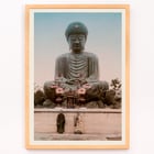 Large Buddha by Kinbei Kusakabe featuring a serene statue with two people standing in front. Poster of Large Buddha with two people in front by artist Kinbei Kusakabe featuring a serene statue surrounded by flowers.
