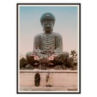 Large Buddha by Kinbei Kusakabe featuring a serene statue with two people standing in front. Poster of Large Buddha with two people in front by artist Kinbei Kusakabe featuring a serene statue surrounded by flowers.