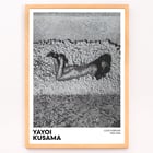 Yayoi Kusama Love Forever black and white artwork featuring a dotted figure on a textured background Poster of Yayoi Kusama's artwork featuring a black and white image of a woman with polka dots surrounded by textured shapes.