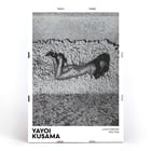 Yayoi Kusama Love Forever black and white artwork featuring a dotted figure on a textured background Poster of Yayoi Kusama's artwork featuring a black and white image of a woman with polka dots surrounded by textured shapes.