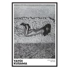 Yayoi Kusama Love Forever black and white artwork featuring a dotted figure on a textured background Poster of Yayoi Kusama's artwork featuring a black and white image of a woman with polka dots surrounded by textured shapes.