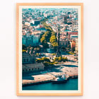 Aerial view of La Rambla in Barcelona by Mila Schön Barcelona. Poster of a vibrant aerial view of La Rambla in Barcelona showcasing the city's architecture and bustling streets