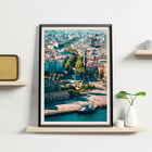 Aerial view of La Rambla in Barcelona by Mila Schön Barcelona. Poster of a vibrant aerial view of La Rambla in Barcelona showcasing the city's architecture and bustling streets