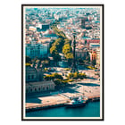 Aerial view of La Rambla in Barcelona by Mila Schön Barcelona. Poster of a vibrant aerial view of La Rambla in Barcelona showcasing the city's architecture and bustling streets
