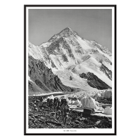 Glacier expedition near K2 by Vittorio Sella Le pic K2 vue prise du glacier Godwin-Austen Poster showing mountaineers trekking toward K2 over a rocky glacier field in black and white by Vittorio Sella titled Le pic K2 vue prise du glacier Godwin-Austen