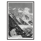 Black and white photograph of Broad Peak by Vittorio Sella featuring snow-covered mountains and climbers in the foreground Poster of snowy Broad Peak mountain captured by Vittorio Sella with mountaineers climbing amidst rocky terrain and glacier