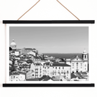 Lisbon Old City landscape black and white by Picture 2 featuring historic architecture and distant sea view Poster featuring a black and white landscape of Lisbon's old city with rooftops and historic buildings titled Lisbon Old City Landscape