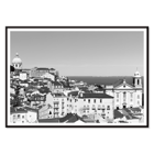 Lisbon Old City landscape black and white by Picture 2 featuring historic architecture and distant sea view Poster featuring a black and white landscape of Lisbon's old city with rooftops and historic buildings titled Lisbon Old City Landscape