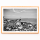Lisbon Old City Landscape by Black & White Picture 1 depicts historic buildings rooftops and ocean view Poster featuring Lisbon Old City Landscape Black & White Picture 1 with a view of historical buildings and waterfront.
