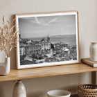 Lisbon Old City Landscape by Black & White Picture 1 depicts historic buildings rooftops and ocean view Poster featuring Lisbon Old City Landscape Black & White Picture 1 with a view of historical buildings and waterfront.
