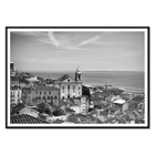 Lisbon Old City Landscape by Black & White Picture 1 depicts historic buildings rooftops and ocean view Poster featuring Lisbon Old City Landscape Black & White Picture 1 with a view of historical buildings and waterfront.