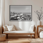 Black and white landscape of Alfama Lisbon Old City by artist Alfama Lisbon Poster of Lisbon's Alfama district with a view of traditional buildings and the Tagus River by Alfama Lisbon Old City Landscape Black & White Picture