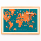 Retro aviation map art by Deutsche Lufthansa titled World Map Poster of a vibrant world map with planes ships and landmarks titled Deutsche Lufthansa World Map by Anonymous.