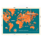 Retro aviation map art by Deutsche Lufthansa titled World Map Poster of a vibrant world map with planes ships and landmarks titled Deutsche Lufthansa World Map by Anonymous.