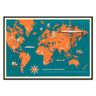 Retro aviation map art by Deutsche Lufthansa titled World Map Poster of a vibrant world map with planes ships and landmarks titled Deutsche Lufthansa World Map by Anonymous.