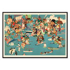 Colorful world depiction illustration by Miguel Covarrubias titled Population Map Colorful world illustration poster showing diverse cultures and animals by Yanko Tihov titled Population Map.