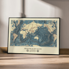 Map artwork The Floor of the Oceans by Bathymetric Map of the World. Poster featuring a world map highlighting ocean floors titled The Floor of the Oceans.