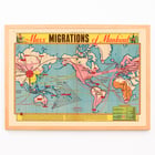Colorful world map illustrating the mass migration of mankind Mass Migration of Mankind World Map. Poster featuring a detailed world map titled Mass Migrations of Mankind illustrating historical human migration routes.