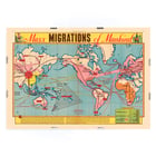 Colorful world map illustrating the mass migration of mankind Mass Migration of Mankind World Map. Poster featuring a detailed world map titled Mass Migrations of Mankind illustrating historical human migration routes.