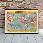 Colorful world map illustrating the mass migration of mankind Mass Migration of Mankind World Map. Poster featuring a detailed world map titled Mass Migrations of Mankind illustrating historical human migration routes.