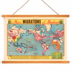 Colorful world map illustrating the mass migration of mankind Mass Migration of Mankind World Map. Poster featuring a detailed world map titled Mass Migrations of Mankind illustrating historical human migration routes.