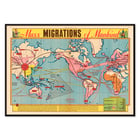 Colorful world map illustrating the mass migration of mankind Mass Migration of Mankind World Map. Poster featuring a detailed world map titled Mass Migrations of Mankind illustrating historical human migration routes.