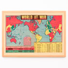 World at War World Map artwork depicting global alliances and conflicts during WWII. Poster titled World at War World Map depicting global conflict zones with vibrant colors marking allied and axis territories.