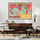 World at War World Map artwork depicting global alliances and conflicts during WWII. Poster titled World at War World Map depicting global conflict zones with vibrant colors marking allied and axis territories.
