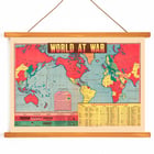 World at War World Map artwork depicting global alliances and conflicts during WWII. Poster titled World at War World Map depicting global conflict zones with vibrant colors marking allied and axis territories.