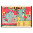 World at War World Map artwork depicting global alliances and conflicts during WWII. Poster titled World at War World Map depicting global conflict zones with vibrant colors marking allied and axis territories.