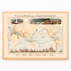Map illustration of volcanic and earthquake zones by James Reynolds titled Phenomena of Volcanoes and Earthquakes Poster of map illustrating volcanoes and earthquakes by James Reynolds titled Phenomena of Volcanoes and Earthquakes.