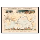 Map illustration of volcanic and earthquake zones by James Reynolds titled Phenomena of Volcanoes and Earthquakes Poster of map illustrating volcanoes and earthquakes by James Reynolds titled Phenomena of Volcanoes and Earthquakes.