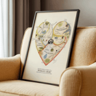 Heart-shaped map illustration Geographical Guide to a Woman's Heart by Jo Lowery. Poster titled Geographical Guide to a Womans Heart by Jo Lowery depicts a whimsical map of emotions in the shape of a heart.