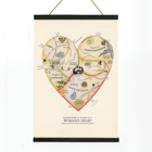 Heart-shaped map illustration Geographical Guide to a Woman's Heart by Jo Lowery. Poster titled Geographical Guide to a Womans Heart by Jo Lowery depicts a whimsical map of emotions in the shape of a heart.