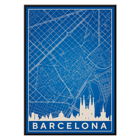 Minimalistische Karte von Barcelona von Moryarty mit ikonischen Sehenswürdigkeiten und Straßenverlauf in Blau und Weiß Poster zeigt eine detaillierte blaue minimalistische Karte von Barcelona mit der Skyline der Sehenswürdigkeiten mit dem Titel Minimalistische Karte von Barcelona 2 von Moryarty