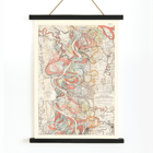 Colorful topographic map illustrating the Mississippi River by Harold Fisk titled Ancient Courses of the Mississippi River Poster showing colorful swirls and paths in a historic map of the Mississippi River titled Ancient Courses of the Mississippi River by Harold Fisk