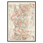 Colorful topographic map illustrating the Mississippi River by Harold Fisk titled Ancient Courses of the Mississippi River Poster showing colorful swirls and paths in a historic map of the Mississippi River titled Ancient Courses of the Mississippi River by Harold Fisk