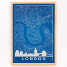Detailed London Map Artwork titled Minimalist London Map by the artist Poster of a minimalist London map artwork with blue background and white map details artist Anonymous featuring major landmarks
