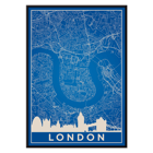 Detailed London Map Artwork titled Minimalist London Map by the artist Poster of a minimalist London map artwork with blue background and white map details artist Anonymous featuring major landmarks