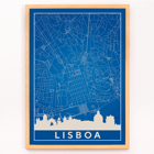 Minimalist Lisbon Map artwork by artist features a blue and white city map and skyline of Lisbon. Poster featuring a minimalist map of Lisbon in blue and white tones with a silhouette of city landmarks titled Minimalist Lisbon Map