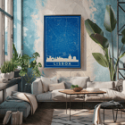 Minimalist Lisbon Map artwork by artist features a blue and white city map and skyline of Lisbon. Poster featuring a minimalist map of Lisbon in blue and white tones with a silhouette of city landmarks titled Minimalist Lisbon Map