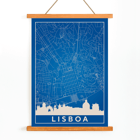 Minimalist Lisbon Map artwork by artist features a blue and white city map and skyline of Lisbon. Poster featuring a minimalist map of Lisbon in blue and white tones with a silhouette of city landmarks titled Minimalist Lisbon Map