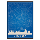 Minimalist Lisbon Map artwork by artist features a blue and white city map and skyline of Lisbon. Poster featuring a minimalist map of Lisbon in blue and white tones with a silhouette of city landmarks titled Minimalist Lisbon Map