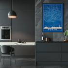 Abstract Blue Map of Porto Minimalist Porto Map Framed poster featuring a minimalist map of Porto with blue background and white lines created by Minimalist Porto Map.