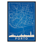 Abstract Blue Map of Porto Minimalist Porto Map Framed poster featuring a minimalist map of Porto with blue background and white lines created by Minimalist Porto Map.