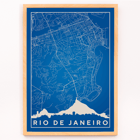 Minimalist blue and white Rio de Janeiro map artwork by Moryarty Poster of a minimalist Rio de Janeiro map created by Moryarty featuring detailed street lines and a silhouette of the city skyline.