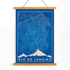 Minimalist blue and white Rio de Janeiro map artwork by Moryarty Poster of a minimalist Rio de Janeiro map created by Moryarty featuring detailed street lines and a silhouette of the city skyline.