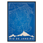 Minimalist blue and white Rio de Janeiro map artwork by Moryarty Poster of a minimalist Rio de Janeiro map created by Moryarty featuring detailed street lines and a silhouette of the city skyline.
