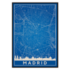 Minimalistische Madrid Karte von Artist Name zeigt eine detaillierte blau-weiß Stadtplan mit Silhouetten Poster einer minimalistischen Karte von Madrid in Blau und Weiß mit Straßendetails mit dem Titel „Minimalistische Madrid-Karte“ von Anonymous